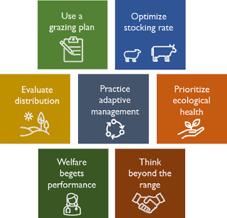 The seven principles for successful livestock grazing management on semiarid and arid rangelands of the western United States: Use a grazing plan; Optimize stocking rate; Evaluate distribution; Practice adaptive management; Prioritize ecological health; Welfare begets performance; and Think beyond the range